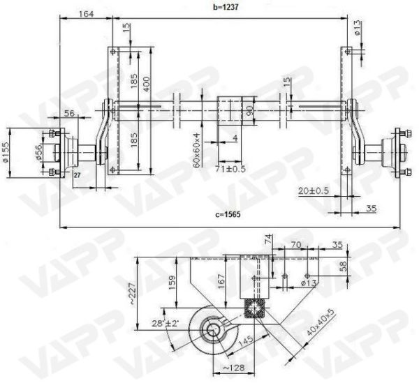 Náprava KNOTT VG 7-L (750 Kg) B=1237 Mm (100×4), Vysoké Patky (Vario ...